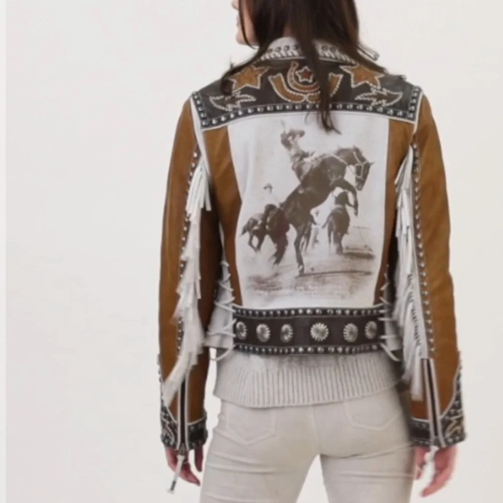 Double D Ranch Leather fringe Jacket studded bucking horse cowgirl RTL $1395 NWT - Picture 5 of 15